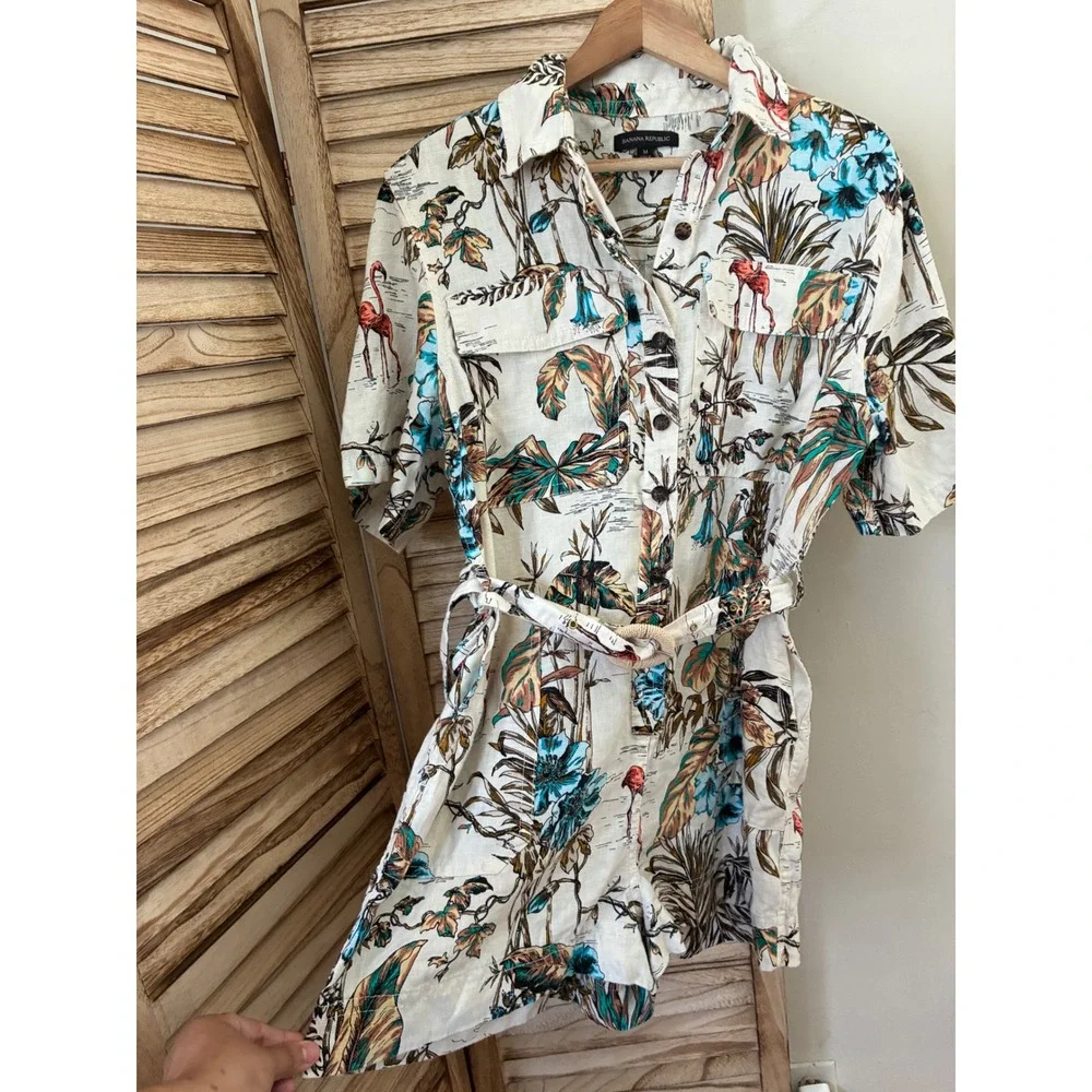 Banana Republic Linen Tropical Flamingo Print Belted Romper Size M Vacations